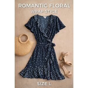 LC Lauren Conrad Floral Wrap Dress Ruffle Tie Waist Cottagecore Romantic Size L